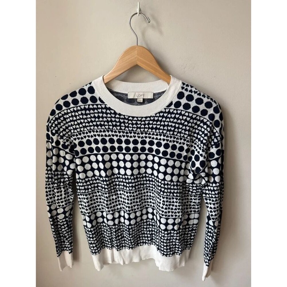 LOFT Heart Dot Crewneck Sweater Navy Ivory Small